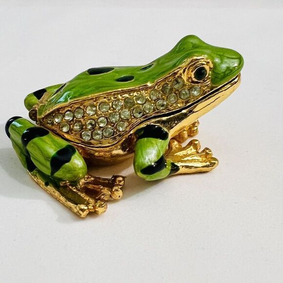 Jeweled Keepsake Enamel Green Frog Hinged Trinket Box Metalic Paperweight - Picture 2 of 10